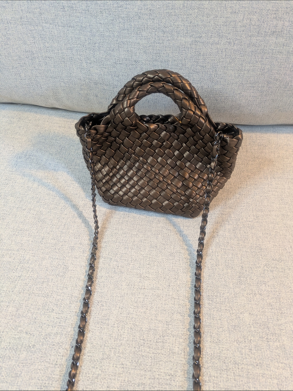 Metallic Brown Woven Mini Chain Strap Braided Handle Handbag - Picture 9 of 12